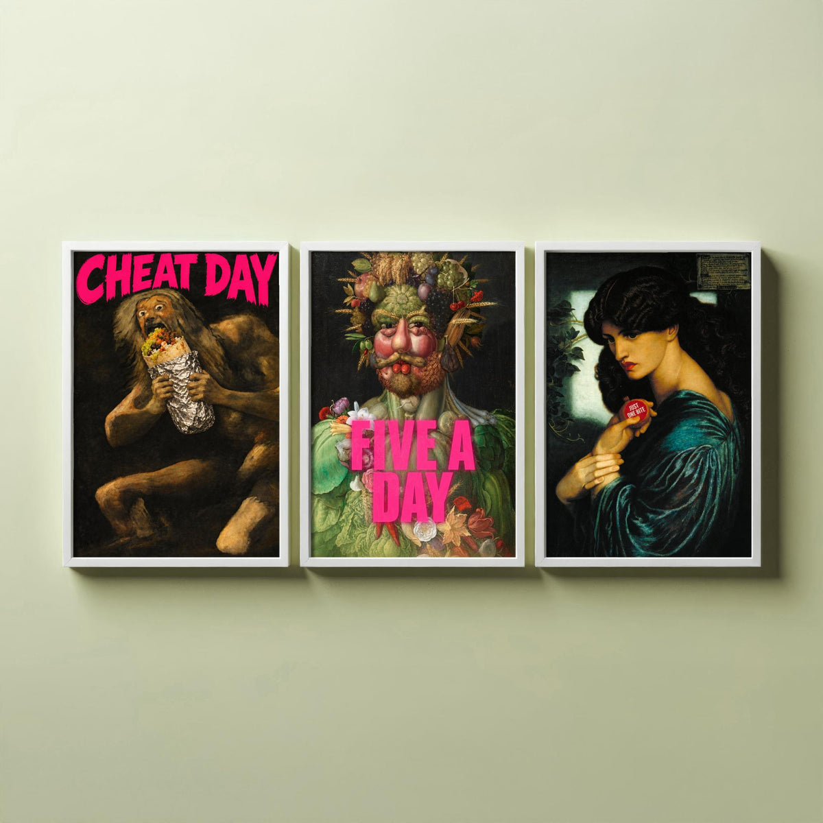 Funny Diet Set of Three Art Prints - Cheat Day, Five a Day, Just One Bite - Classic Painting Parody Poster