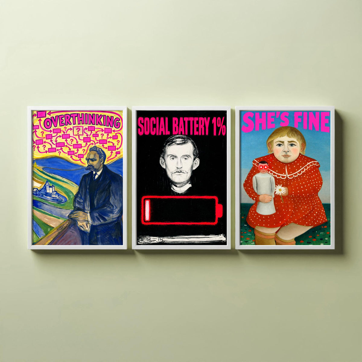 Funny Introvert Set of Three Art Prints - Overthinking, Social Battery 1%, She's Fine - Classic Painting Parody Poster