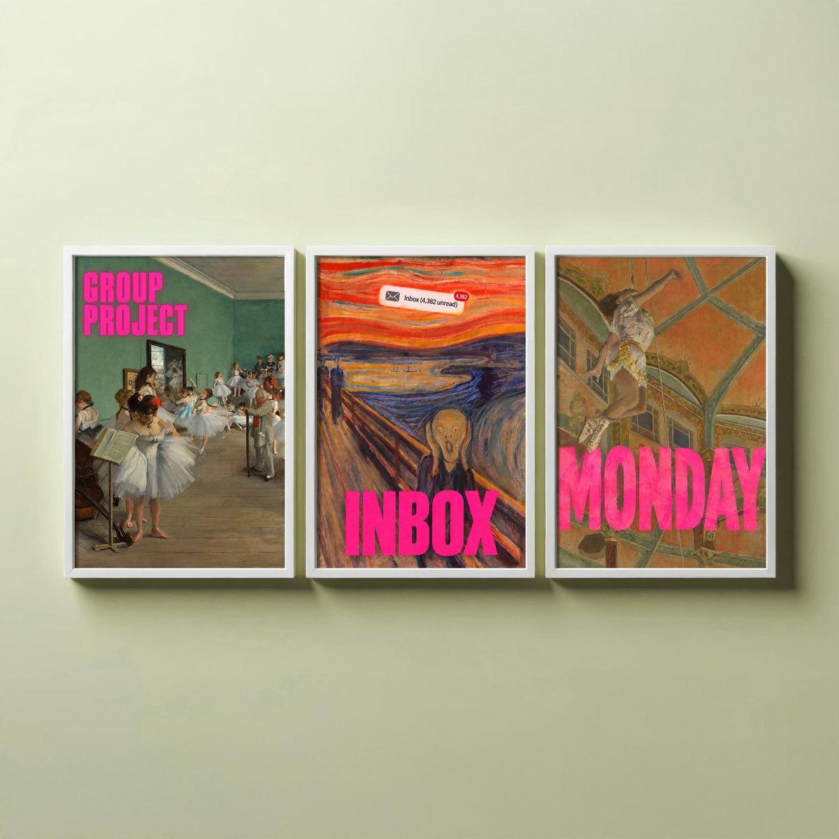 Funny Office Set of Three Art Prints - Group Project, Inbox, Monday - Classic Painting Parody Poster