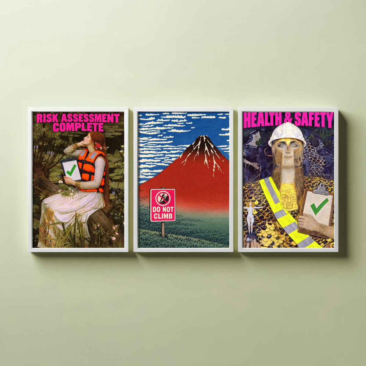 Funny Safety First Set of Three Art Prints - Risk Assessment Complete, Do Not Climb, Health and Safety - Classic Painting Parody Poster