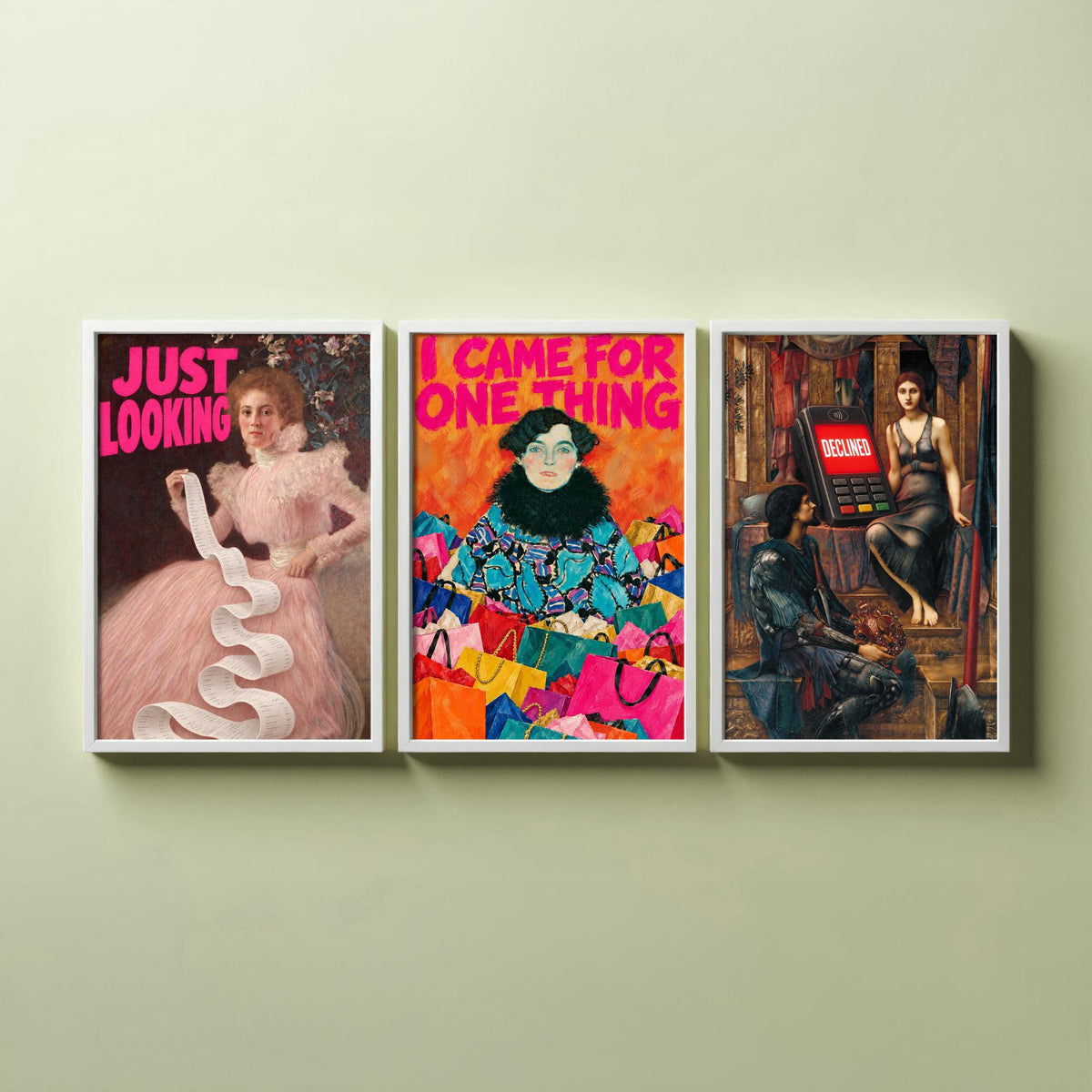 Funny Shopping Set of Three Art Prints - Just Looking, I Came for One Thing, Declined - Classic Painting Parody Poster