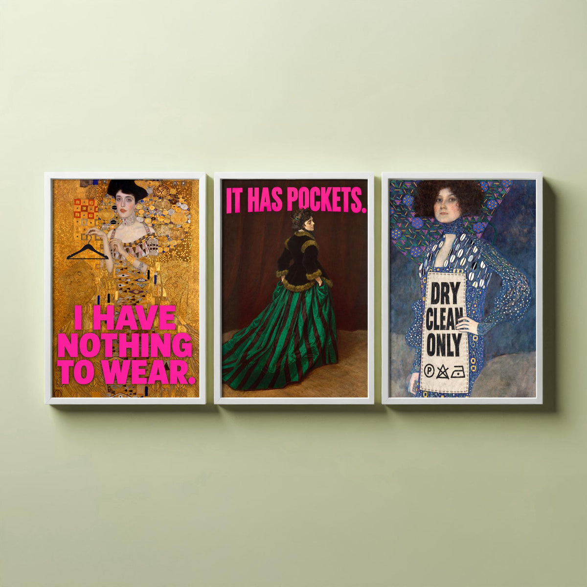 Funny Wardrobe Set of Three Art Prints - I Have Nothing to Wear, It Has Pockets, Dry Clean Only - Classic Painting Parody Poster
