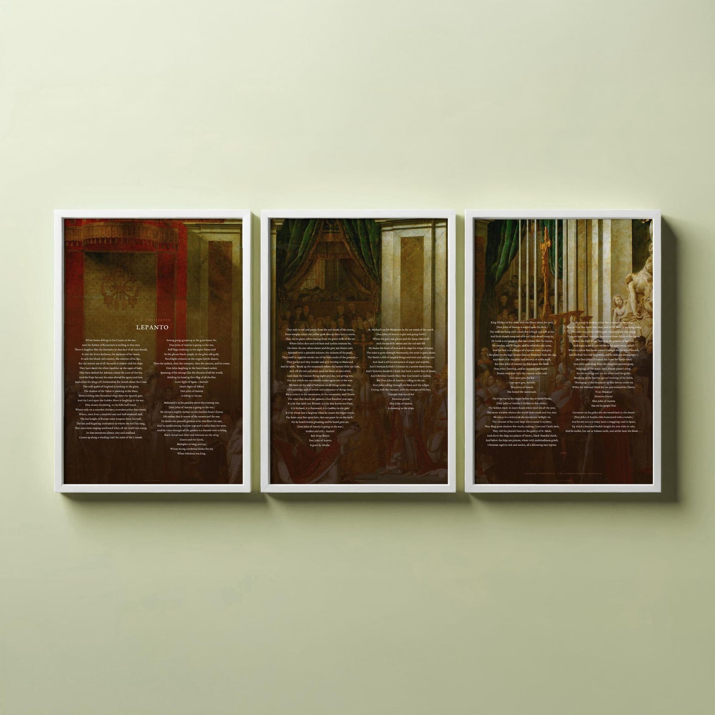 Lepanto by G K Chesterton Set of Three Art Prints - Full Poem over Jacques Louis David Coronation Painting - Epic Poetry Poster Triptych