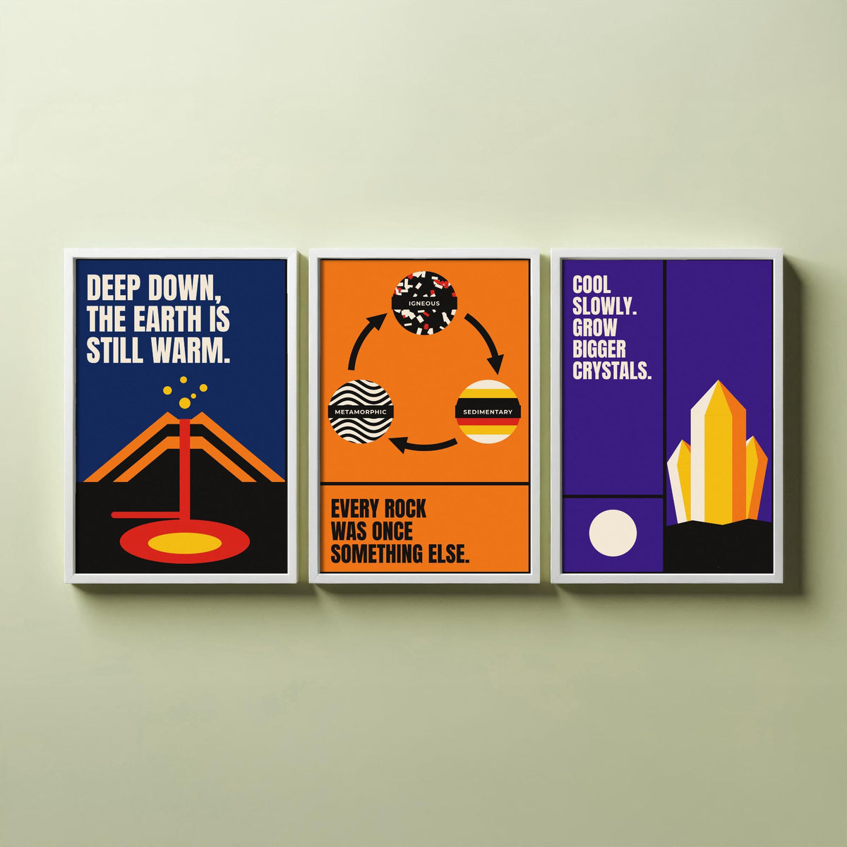 Geology Quotes Set of Three Art Prints - 3 Retro Bauhaus Rocks and Fossils Posters - Minimalist Science Wall Art Illustration V2