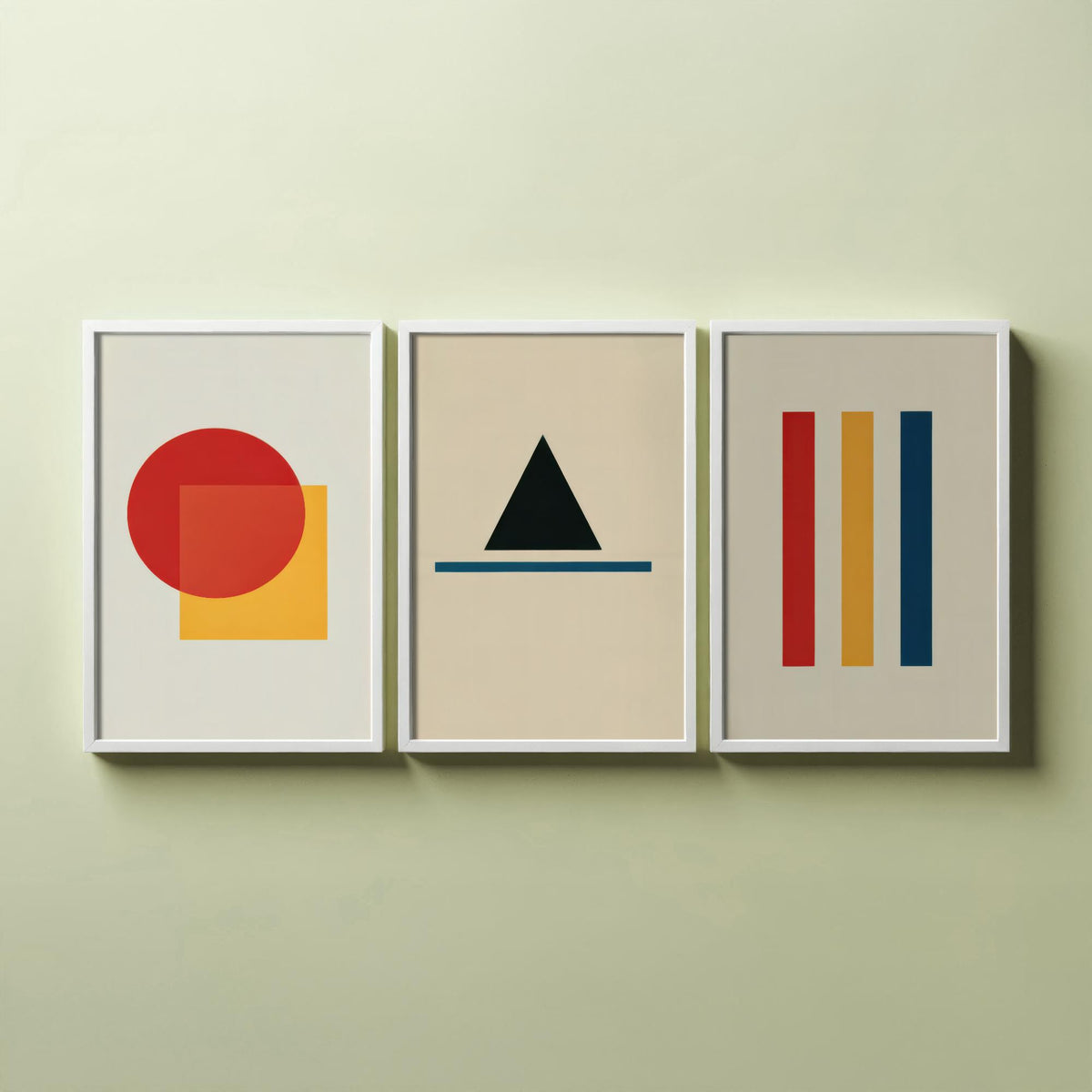 Bauhaus Geometric Shapes Set of Three Art Prints - Red Circle and Square, Black Triangle, Primary Stripes - Abstract Poster Illustration V1
