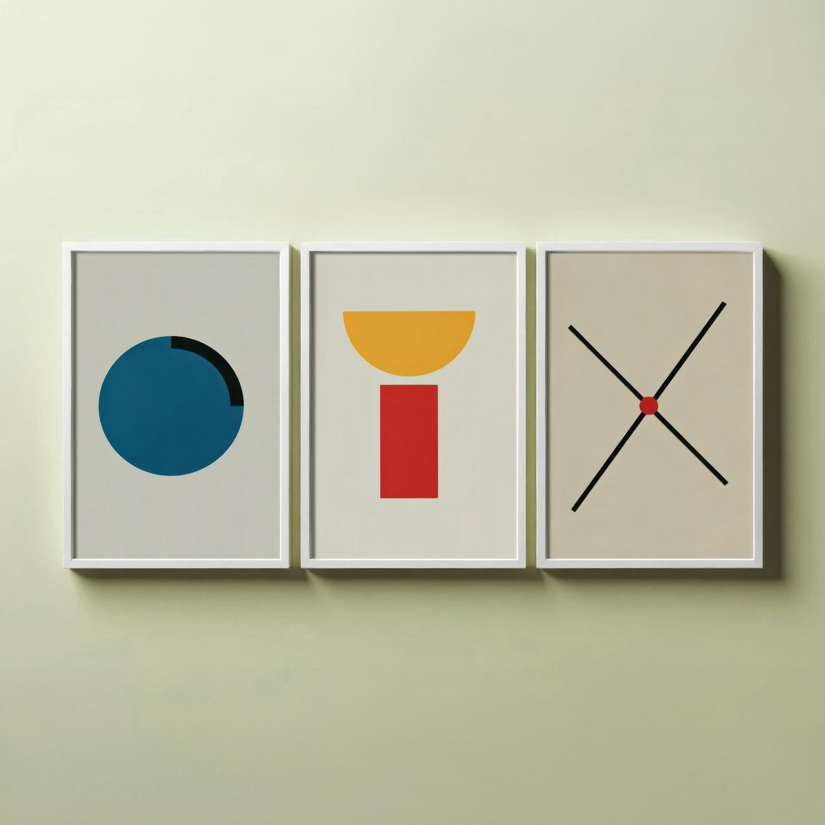 Bauhaus Circle, Bowl & Cross Set of Three Art Prints - Blue Disc, Yellow Half Moon on Red Block, Black X - Geometric Poster Illustration V2