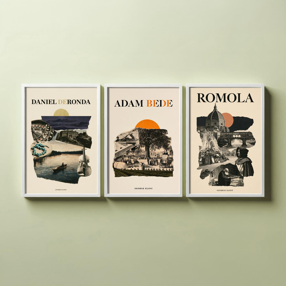 Daniel Deronda, Adam Bede and Romola Set of Three Art Prints - George Eliot Novels - Retro Engraving Collage Illustration Posters