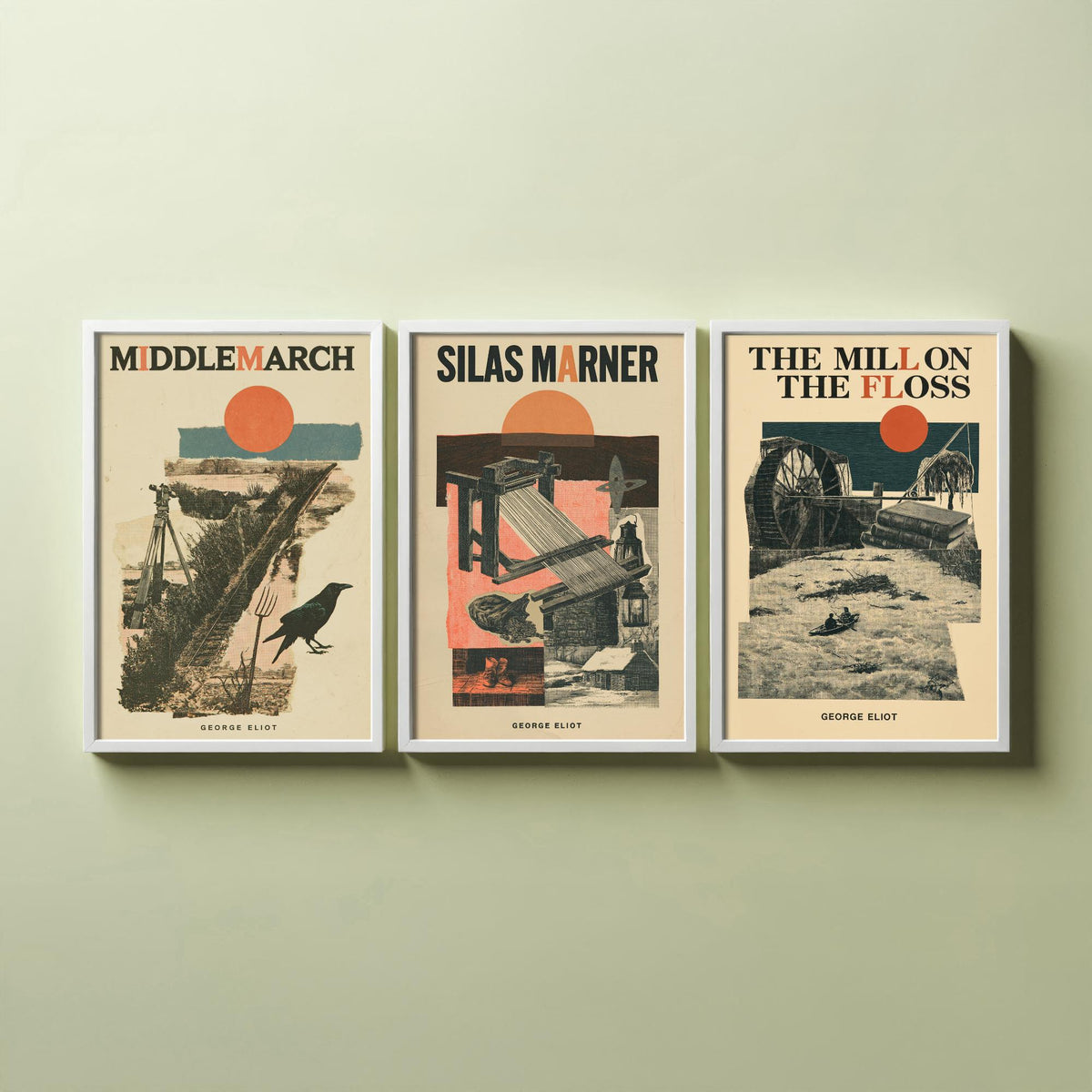 Middlemarch, Silas Marner and The Mill on the Floss Set of Three Art Prints - George Eliot Novels - Retro Collage Illustration Posters