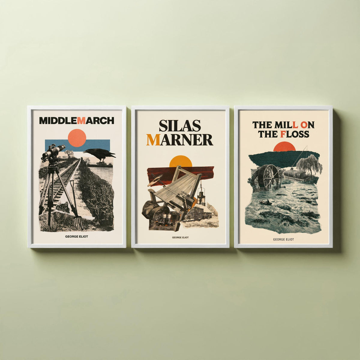 George Eliot Novel Set of Three Art Prints - Middlemarch, Silas Marner, The Mill on the Floss - Mid Century Collage Illustration Posters