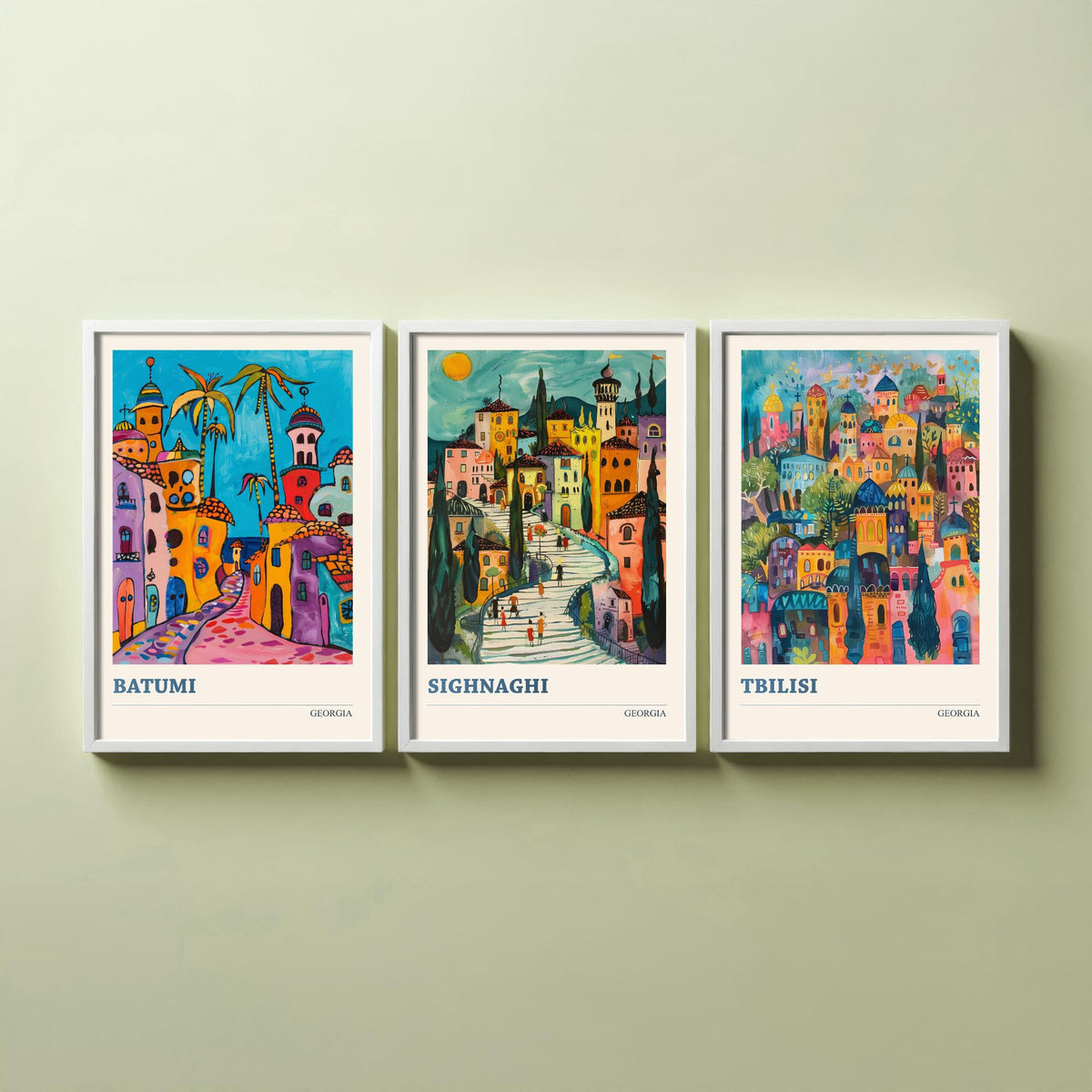 Georgia Set of Three Travel Posters - Batumi, Sighnaghi, Tbilisi - 3 Colourful Art Prints Folk Painting Illustration Gift City