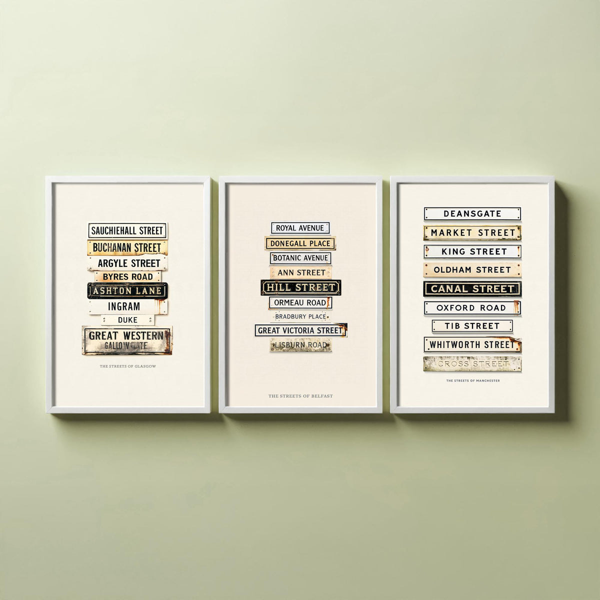 Glasgow, Belfast and Manchester Set of Three Art Prints - Vintage City Street Signs - Weathered Enamel Illustration Posters