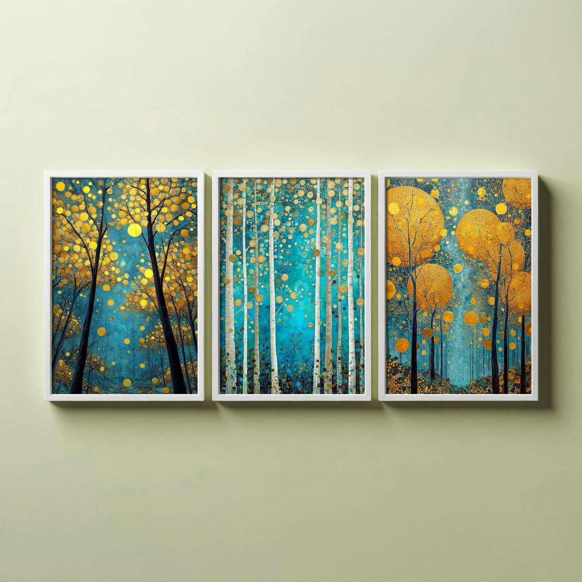 Golden Blue Trees Set of Three Art Prints - 3 Birch Forest Posters - Gold Teal Painting Wall Art Gift Nature Botanical Luminous