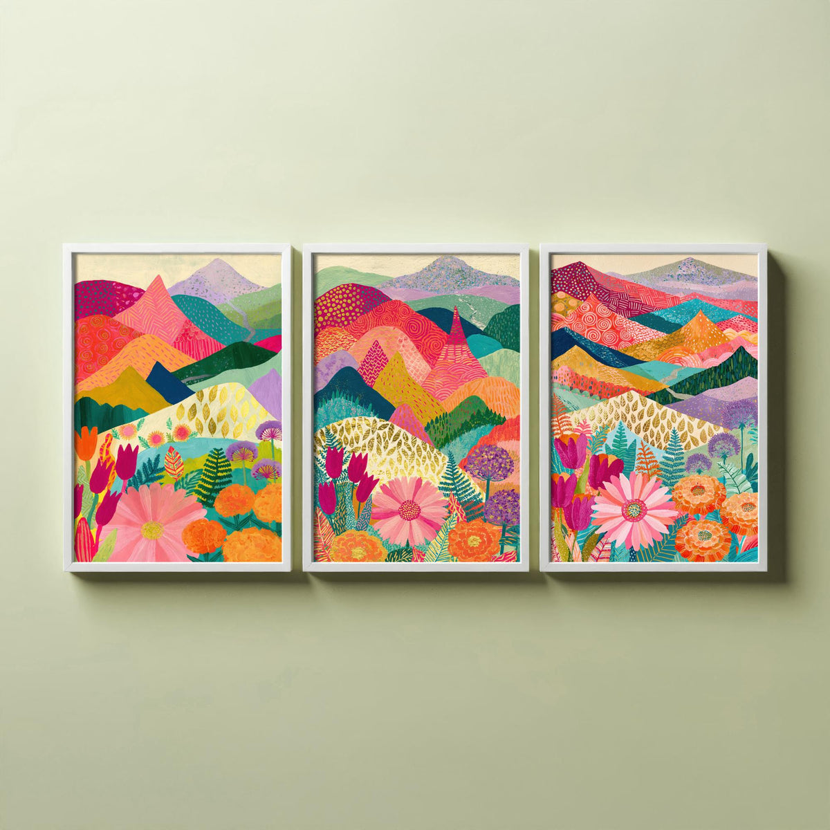 Goldseam Mountain Meadow Set of Three Art Prints - Blossom Pink and Magenta Patchwork Peaks - Tulip Marigold Posters - Olive Teal Painting
