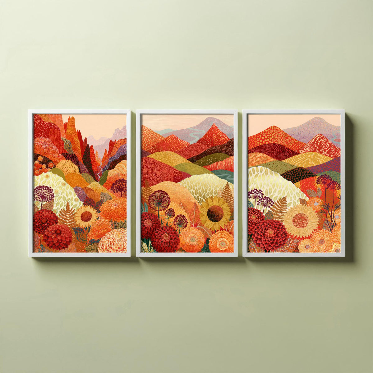 Goldseam Mountain Meadow Set of Three Art Prints - Ember Rust and Golden Patchwork Hills - Dahlia Sunflower Posters - Autumn Folk Painting