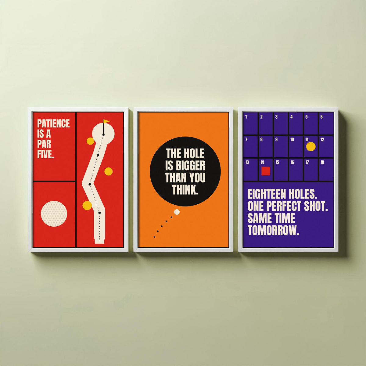 Golf Quotes Set of Three Art Prints - 3 Retro Bauhaus Golfer Posters - Minimalist Sport Wall Art Illustration V2