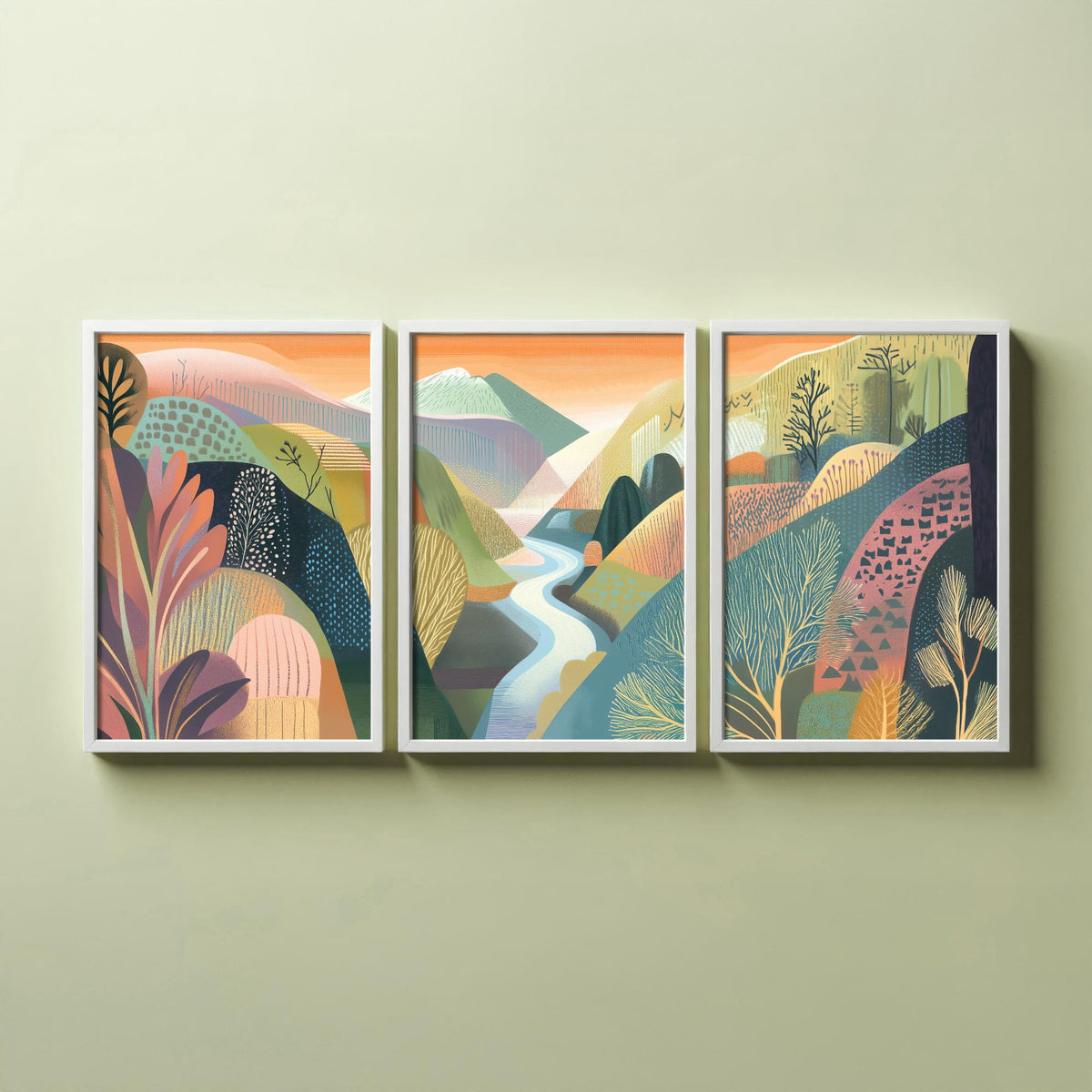 Graphic Landscape Set of Three Art Prints - 3 River Valley Posters - Folk Art Mountain Painting Wall Art Gift Sunset Nature V4