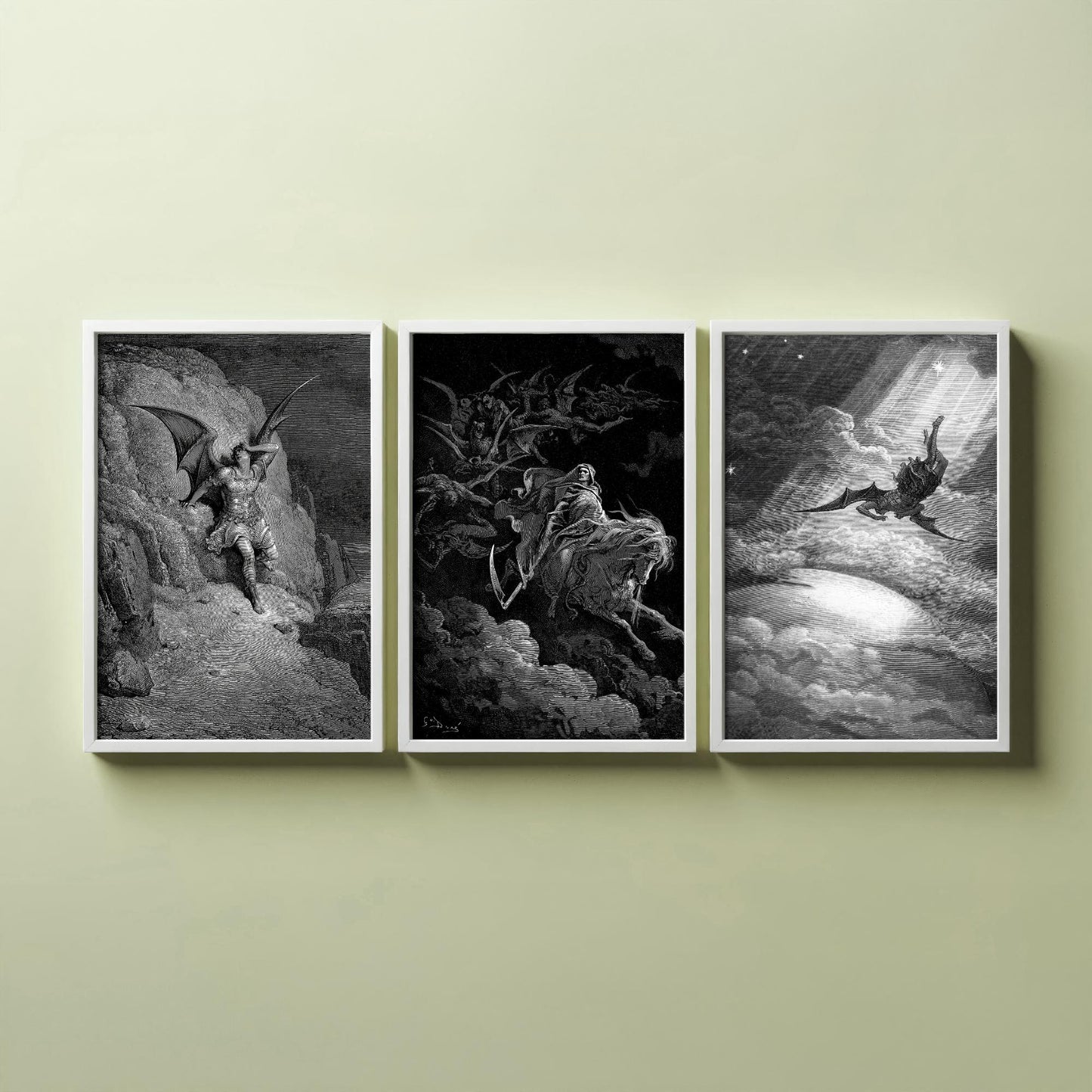 Set of Three Gustave Dore Art Prints - Fall of Satan, Death on the Pale Horse, Satan Descends - 3 Gothic Engraving Posters - Photo Drawing