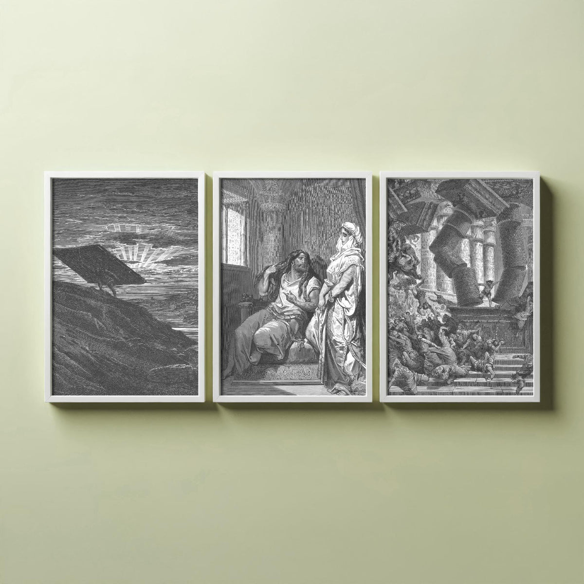 Gustave Dore Set of Three Art Prints - Samson Gaza Delilah Temple - 3 Bible Engraving Posters - Wall Art Gift Giclee Drawing Story