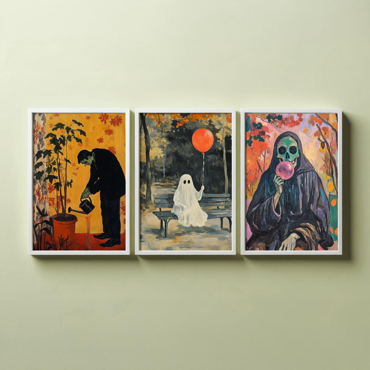 Halloween Set of Three Art Prints - 3 Spooky Chores Posters - Frankenstein Ghost Reaper Painting Wall Art Gift Quirky Autumn Decor
