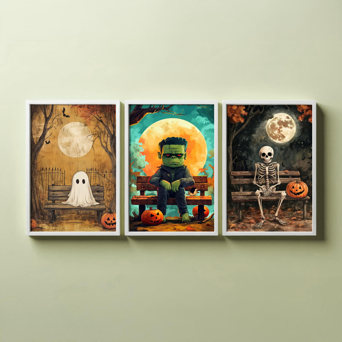 Halloween Set of Three Art Prints - 3 Cute Character Posters - Ghost Frankenstein Skeleton Illustration Wall Art Gift Kids Spooky Decor