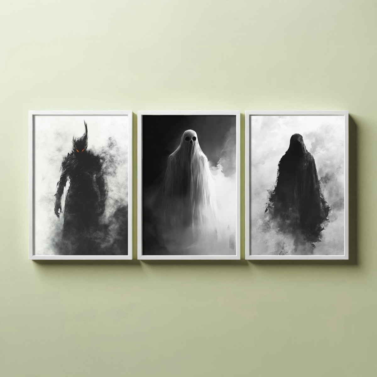 Halloween Set of Three Art Prints - 3 Demon Ghost Wraith Posters - Dark Horror Fog Wall Art Gift Gothic Spooky Creepy Digital Art