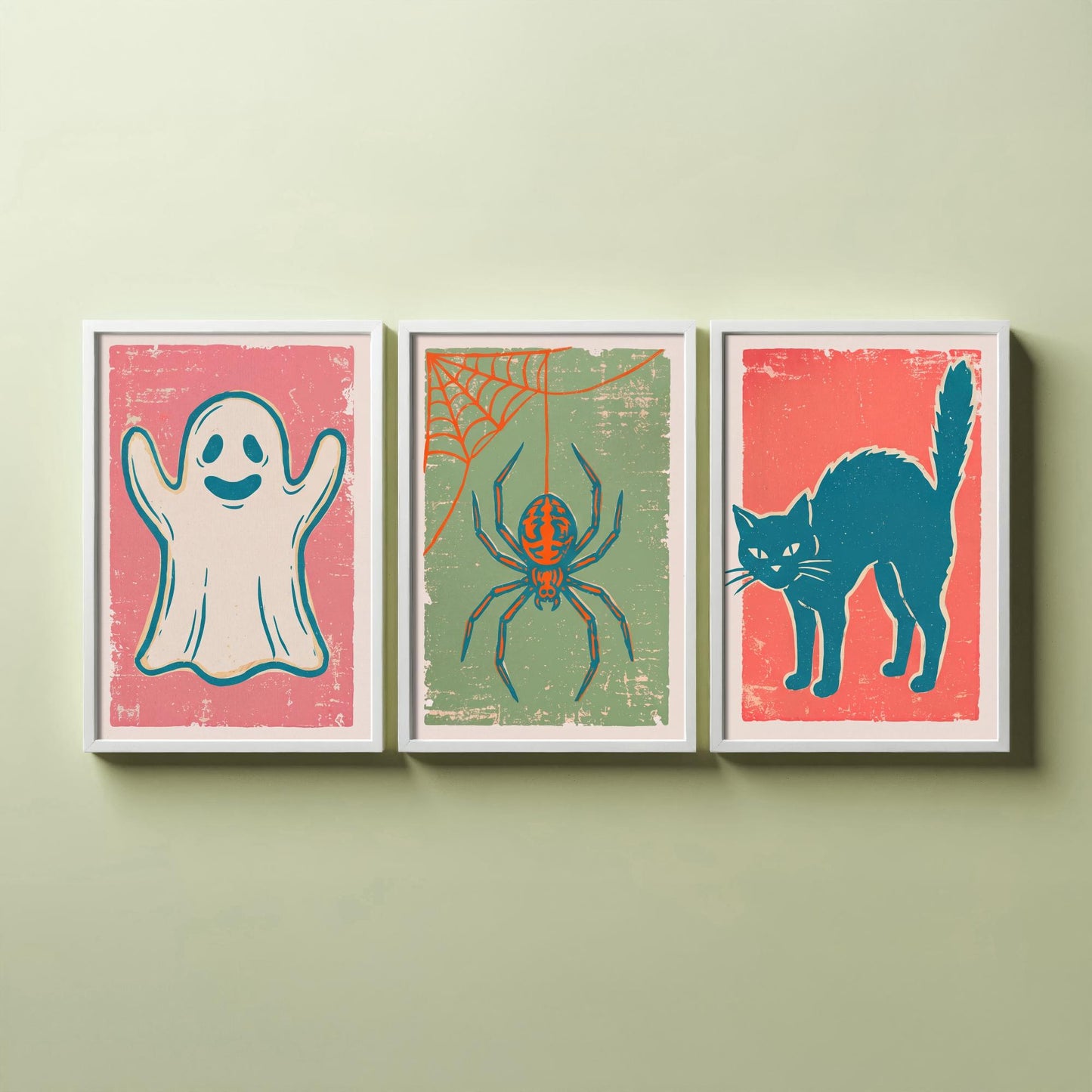 Ghost, Spider and Black Cat - Set of Three Linocut Illustrations - Halloween Art Prints - Spooky Wall Posters V2