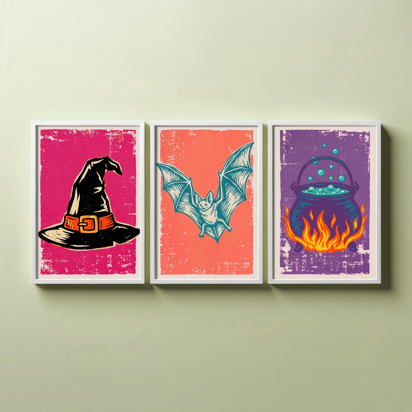 Witch Hat, Bat and Cauldron - Set of Three Linocut Illustrations - Halloween Art Prints - Trick or Treat Posters V1