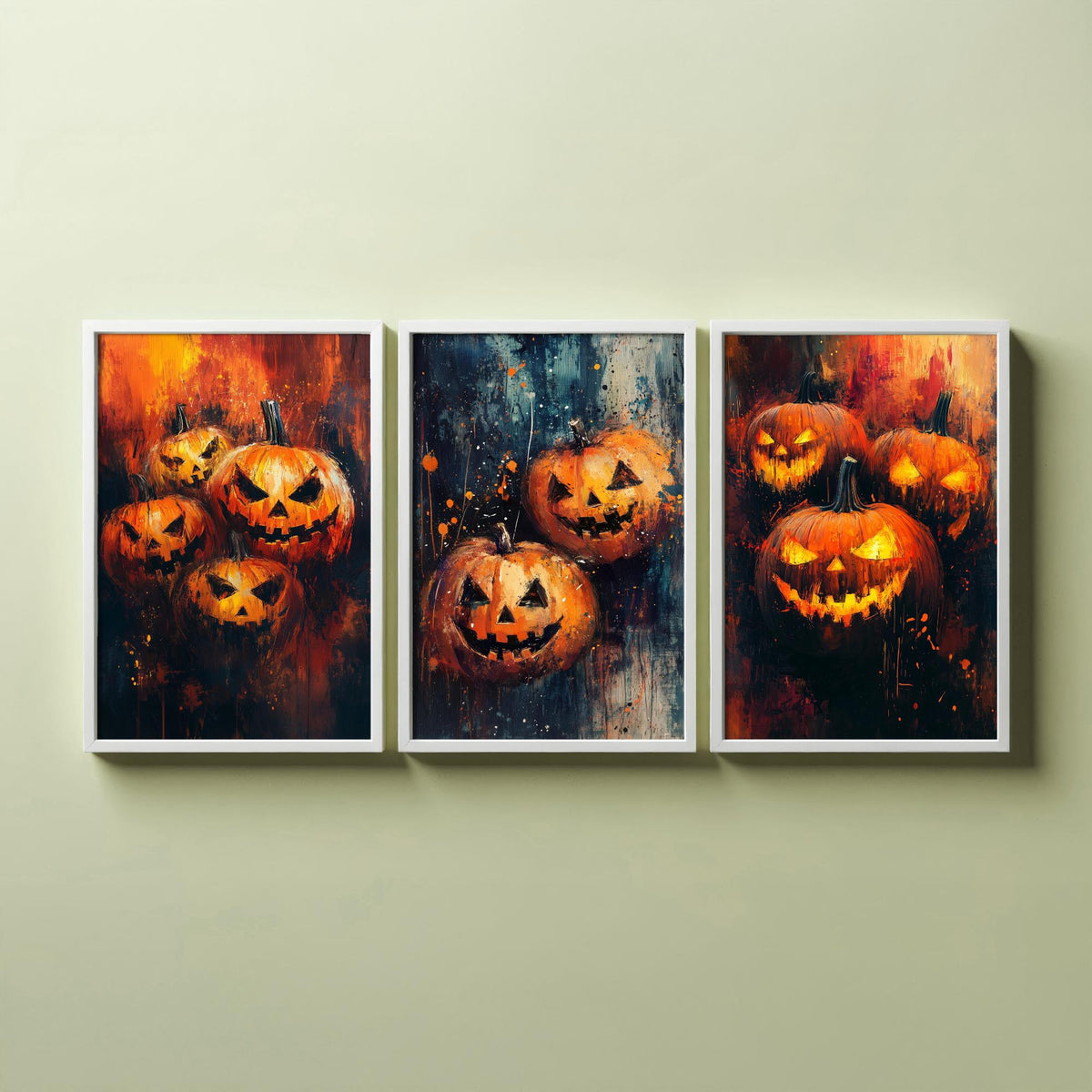 Halloween Set of Three Art Prints - 3 Jack O Lantern Pumpkin Posters - Impasto Oil Painting Wall Art Gift Spooky Autumn Fall Decor