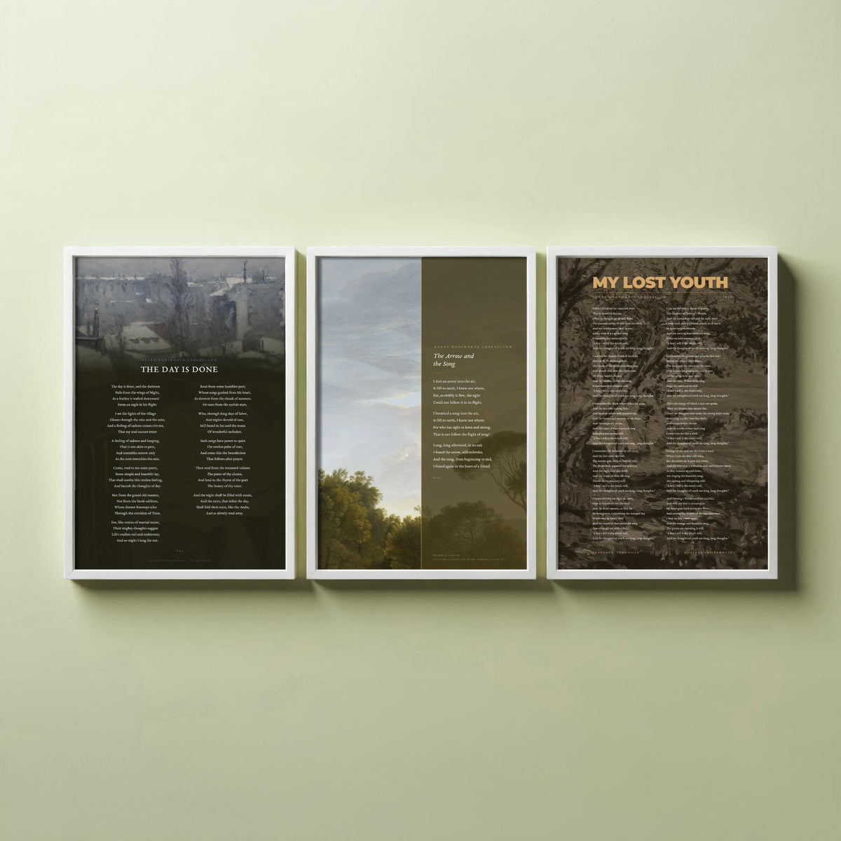 The Day Is Done by Longfellow Set of Three Art Prints - The Arrow and the Song, My Lost Youth - Poems over Caillebotte Paintings - Poster V2
