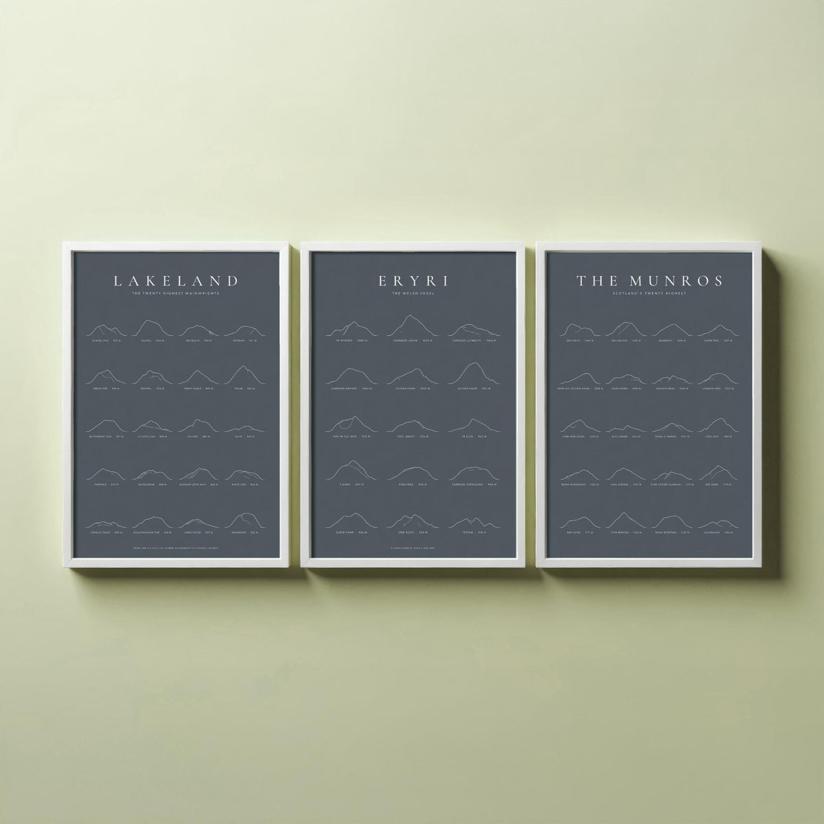 Highest Peaks of Lakeland, Eryri and The Munros Set of Three Art Prints - Ridgemark Classic Slate Mountain Poster - Line Illustration