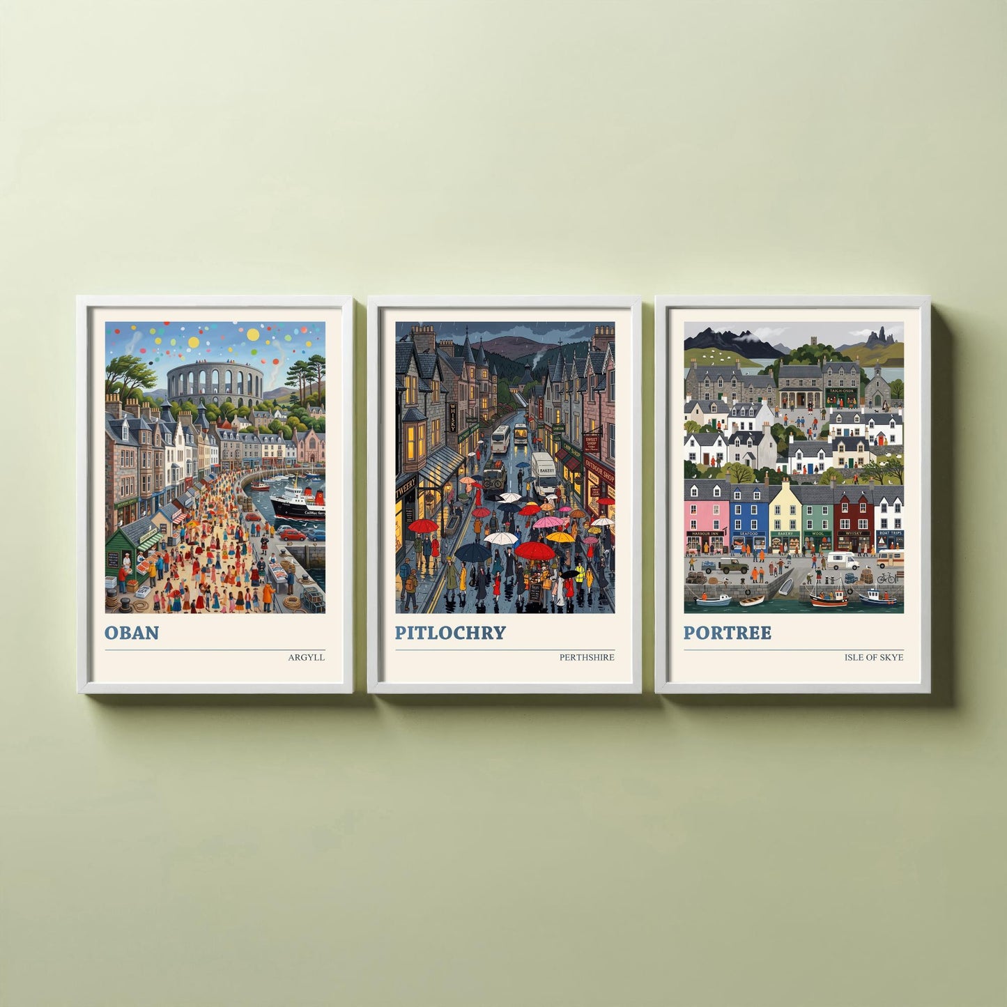 Scottish Highlands Set of Three Art Prints - Oban, Pitlochry, Portree - 3 Colourful Folk Illustration Travel Posters - Scotland Painting