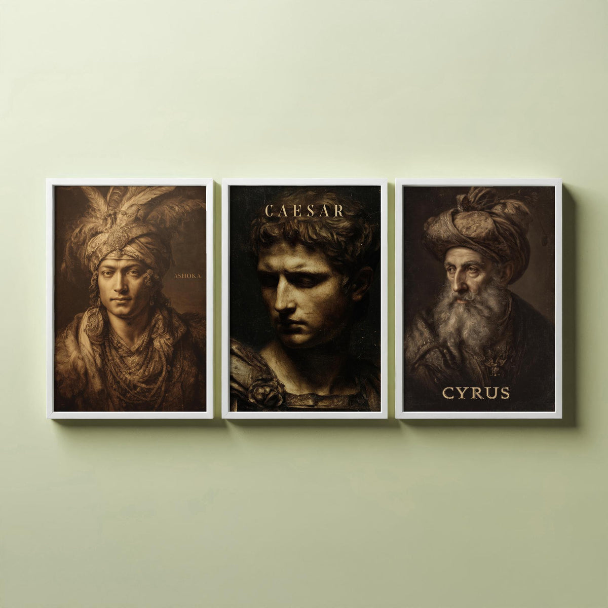 Ancient History Set of Three Art Prints - Ashoka Caesar Cyrus - 3 Emperor Portrait Posters - Painting Wall Art Gift History Teacher