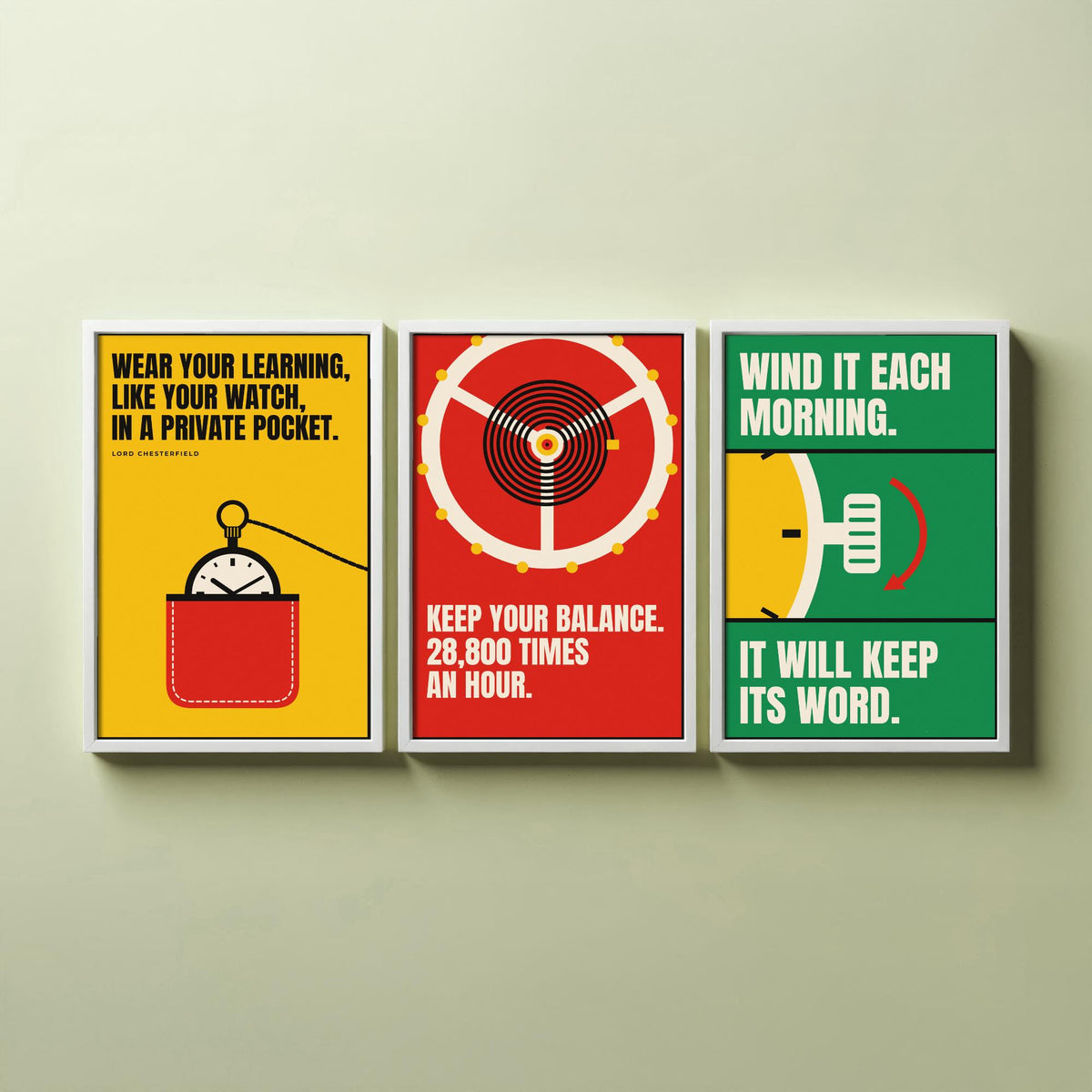 Horology Quotes Set of Three Art Prints - 3 Retro Bauhaus Watchmaking Posters - Minimalist Craft Wall Art Illustration V2