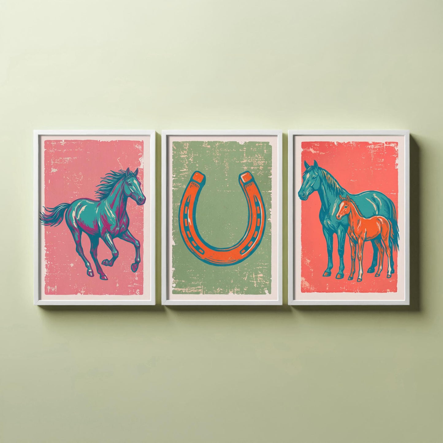 Galloping Horse, Horseshoe and Mare with Foal - Set of Three Horse Art Prints - Linocut Illustrations - Equestrian Posters V2