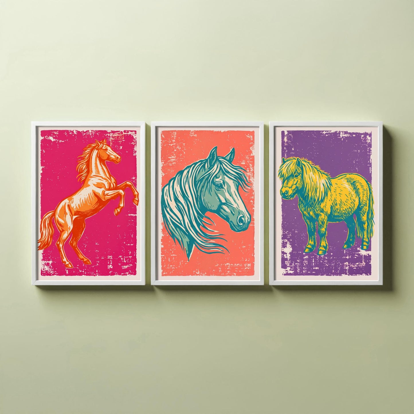 Rearing Horse, Horse Head and Shetland Pony - Set of Three Horse Art Prints - Linocut Illustrations - Equestrian Posters V1