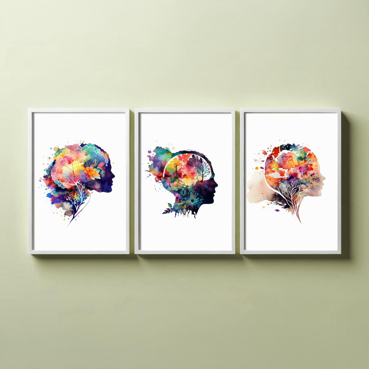 Flowering Mind Set of Three Art Prints - Human Head Silhouettes with Flowers - Rainbow Watercolour Poster Painting