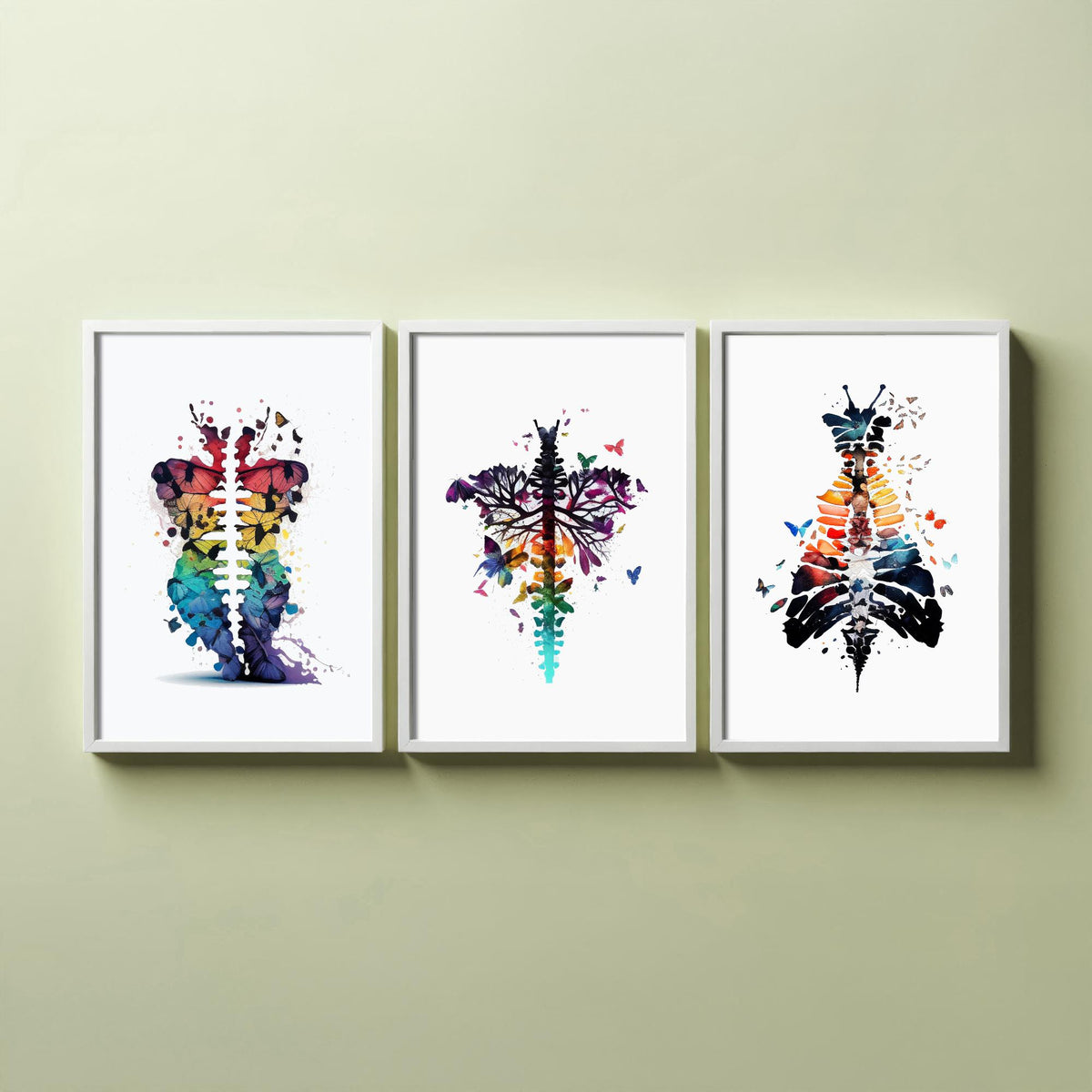 Spine and Butterflies Set of Three Art Prints - Anatomical Watercolour Ribcages - Colourful Boho Poster Painting