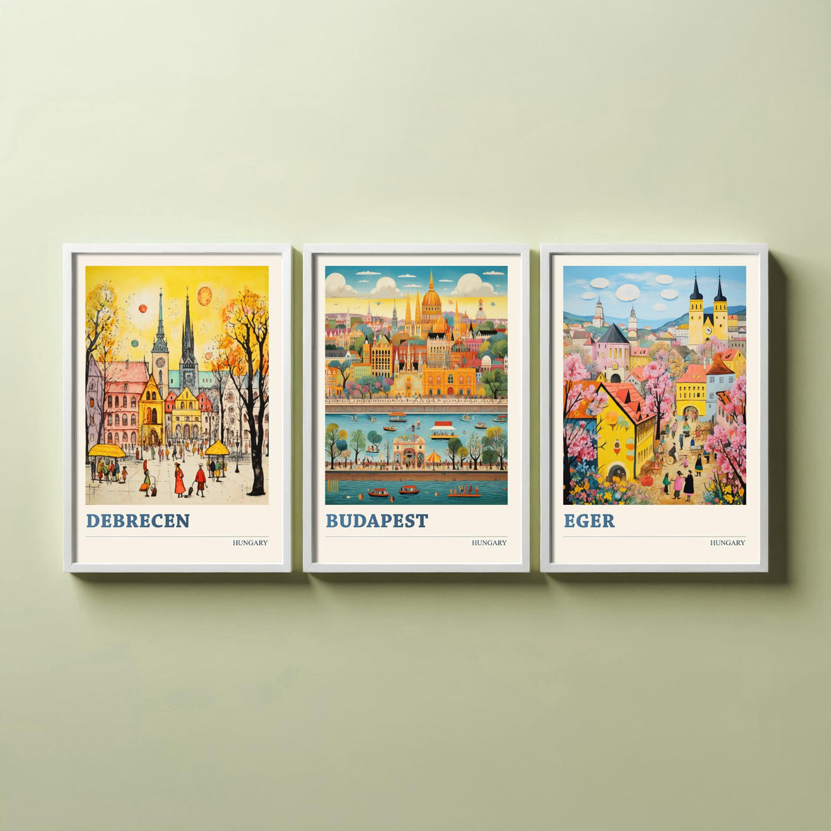 Hungary Set of Three Travel Posters - Debrecen, Budapest, Eger - Ludwig Folk Art Prints - Naive Painting