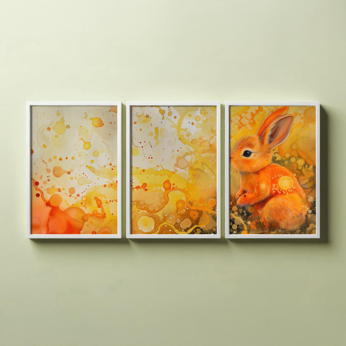 Bunny Set of Three Art Prints - 3 Glowing Rabbit Posters - Yellow Orange Watercolour Wall Art Gift Nursery Kids Cute Animal Decor