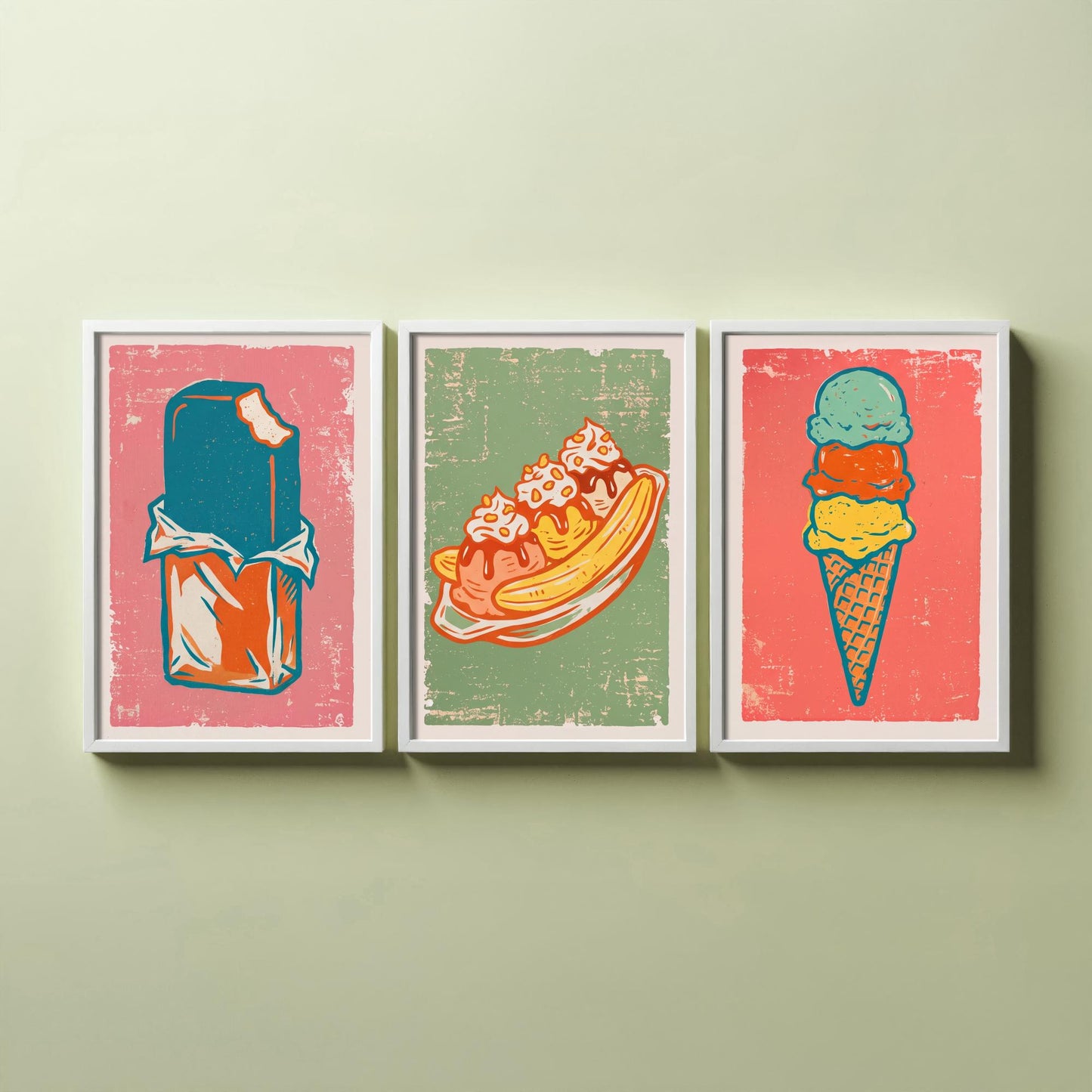 Set of Three Ice Cream Art Prints - Choc Ice, Banana Split, Three Scoops - Linocut Illustrations - Retro Triptych Posters V2