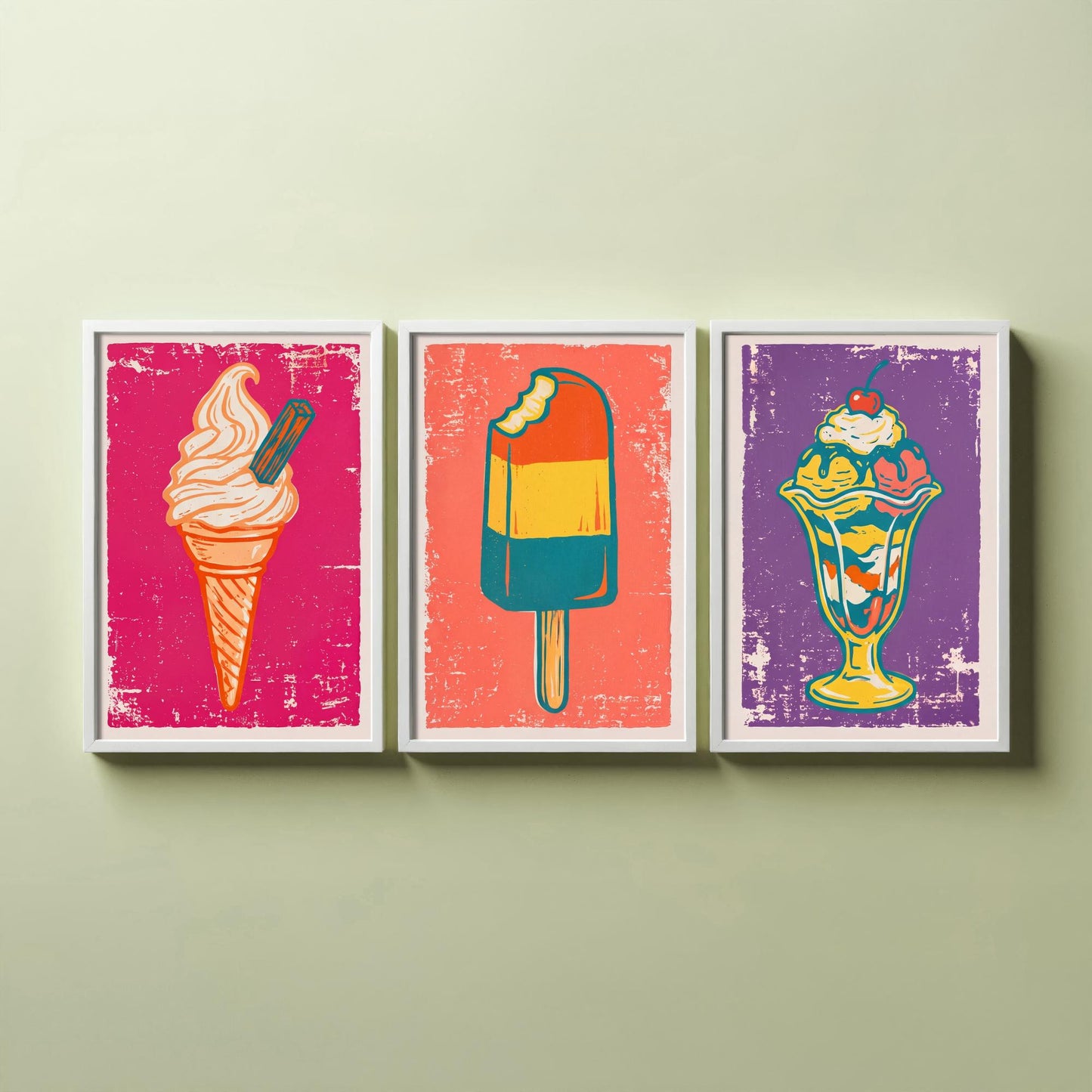 Set of Three Ice Cream Art Prints - Soft Serve Cone, Ice Lolly, Sundae - Linocut Illustrations - Retro Triptych Posters V1