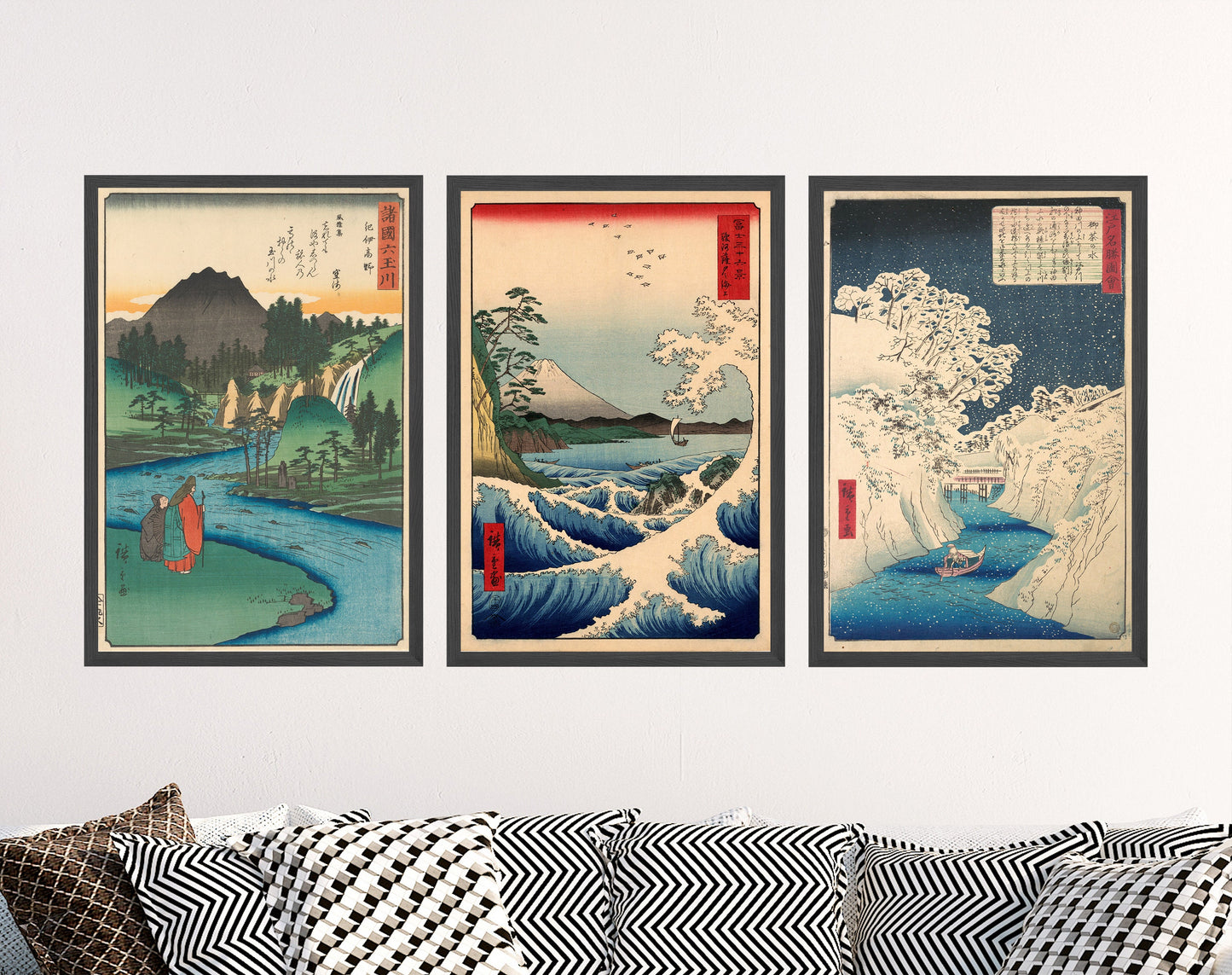 Set of Three Utagawa Hiroshige Water Prints - 3 Classic Paintings - Photo Poster Wall Art Gift Giclée Museum Quality - Jewel River, Seascape
