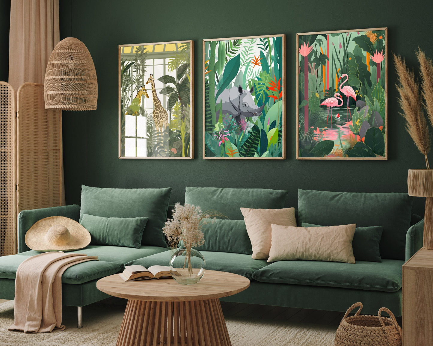 The Botanical Room - Set of Three Animal Prints - Giraffe Poster, Rhino Art, Flamingo Painting - Nature Garden Home Décor Wall Giclee