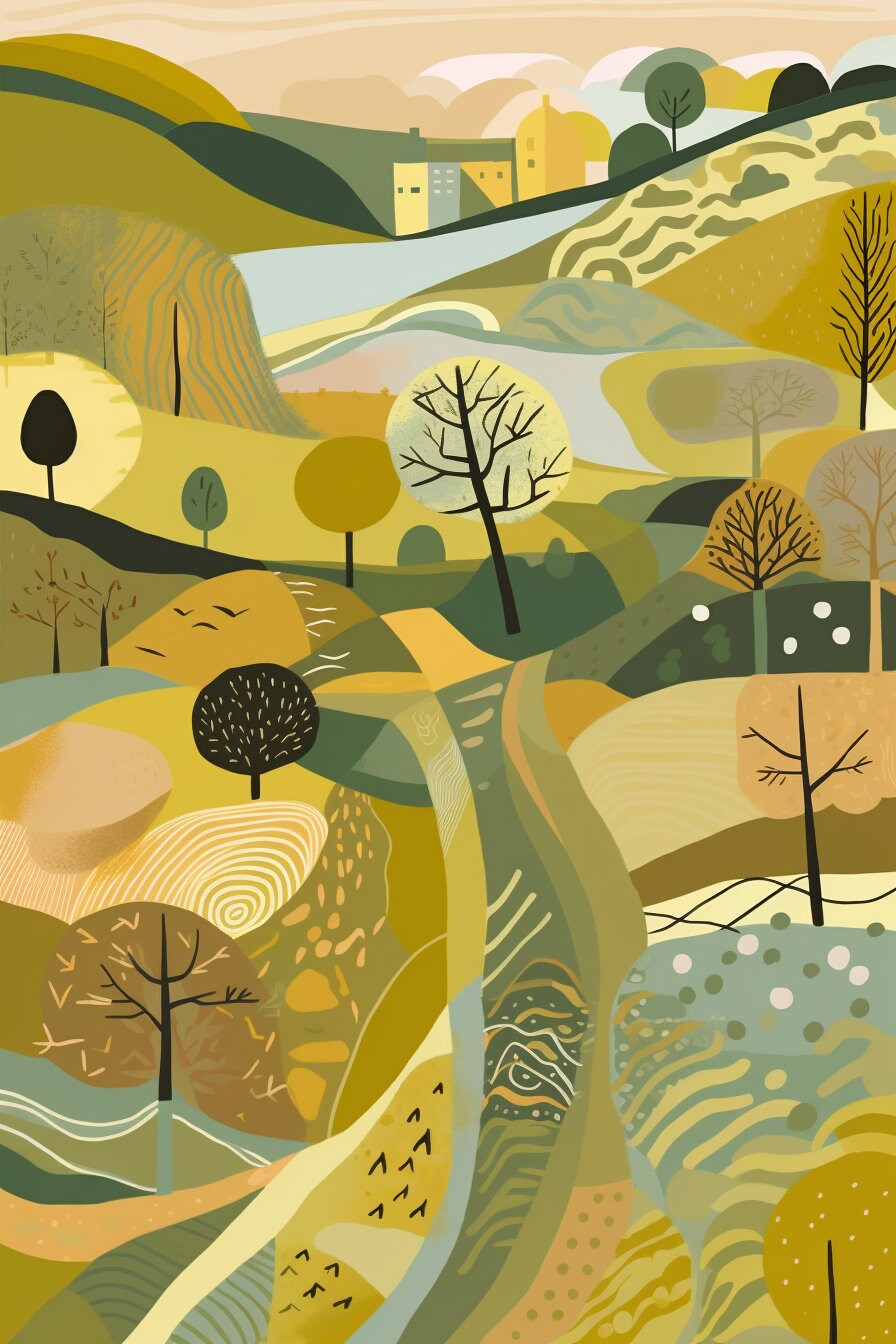 Set of Six Landscape Illustrations with Trees, Hills and Lakes - 6 Art Prints - Poster Gift Painting Artwork Home Wall Decor - Nature