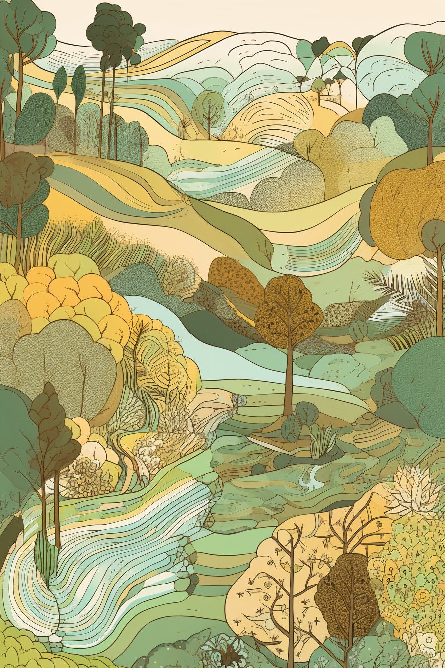 Set of Six Landscape Illustrations with Trees, Hills and Lakes - 6 Art Prints - Poster Gift Painting Artwork Home Wall Decor - Nature