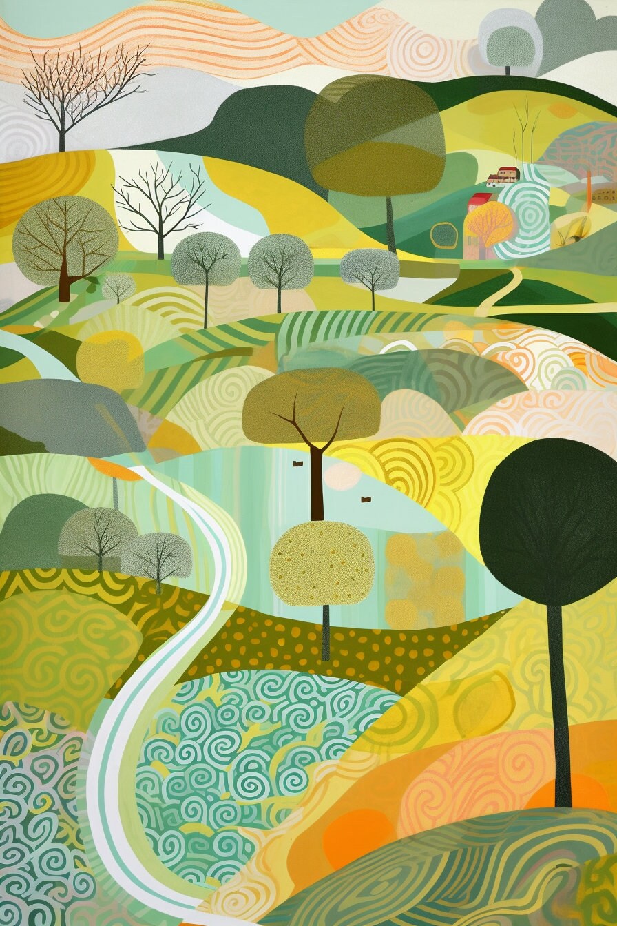 Set of Six Landscape Illustrations with Trees, Hills and Lakes - 6 Art Prints - Poster Gift Painting Artwork Home Wall Decor - Nature