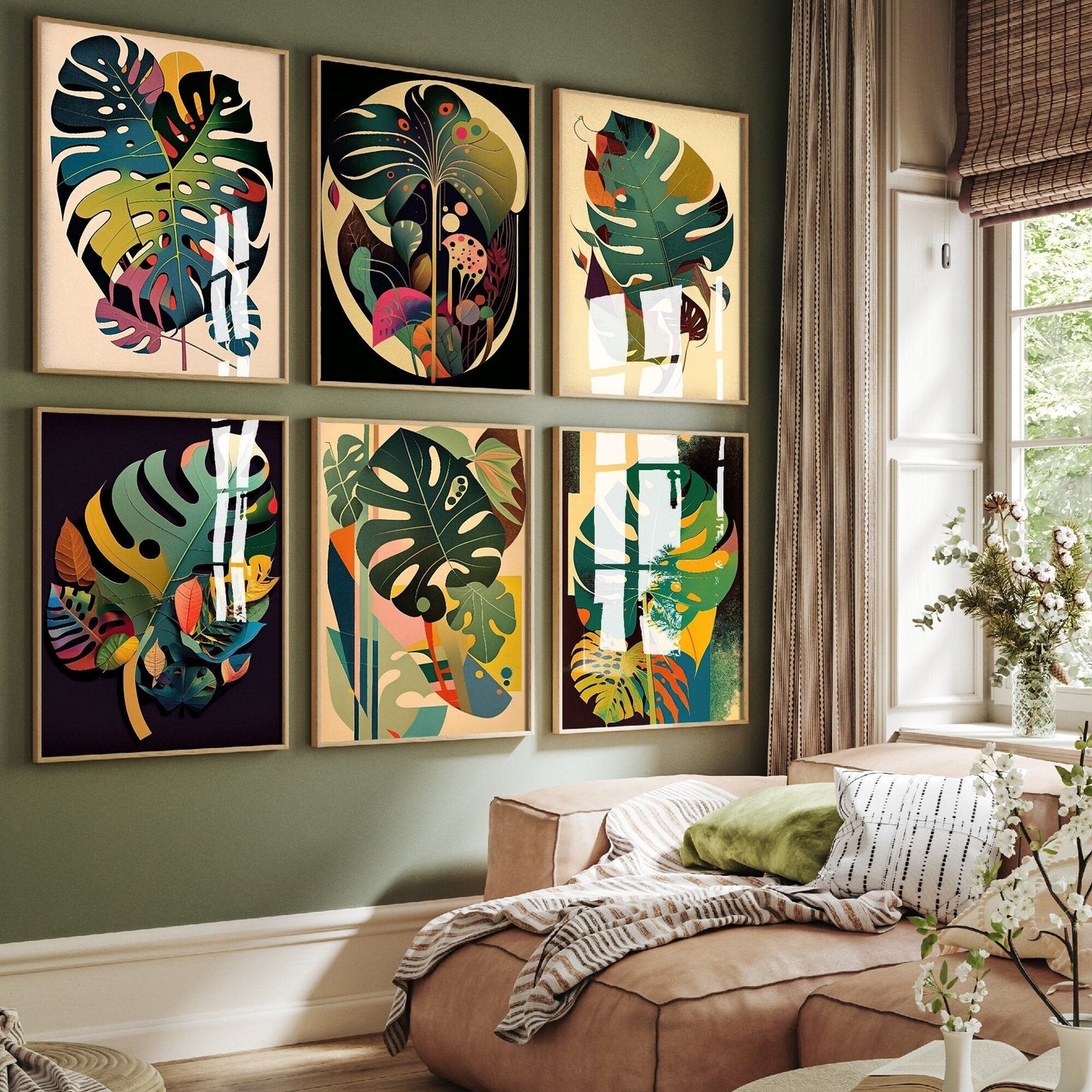 Set of Six Monstera Leaf Paintings - 6 Botanical Art Prints - Photo Poster Wall Gift Giclée - Nature, Foliage, Greenery, Swiss Cheese Plant