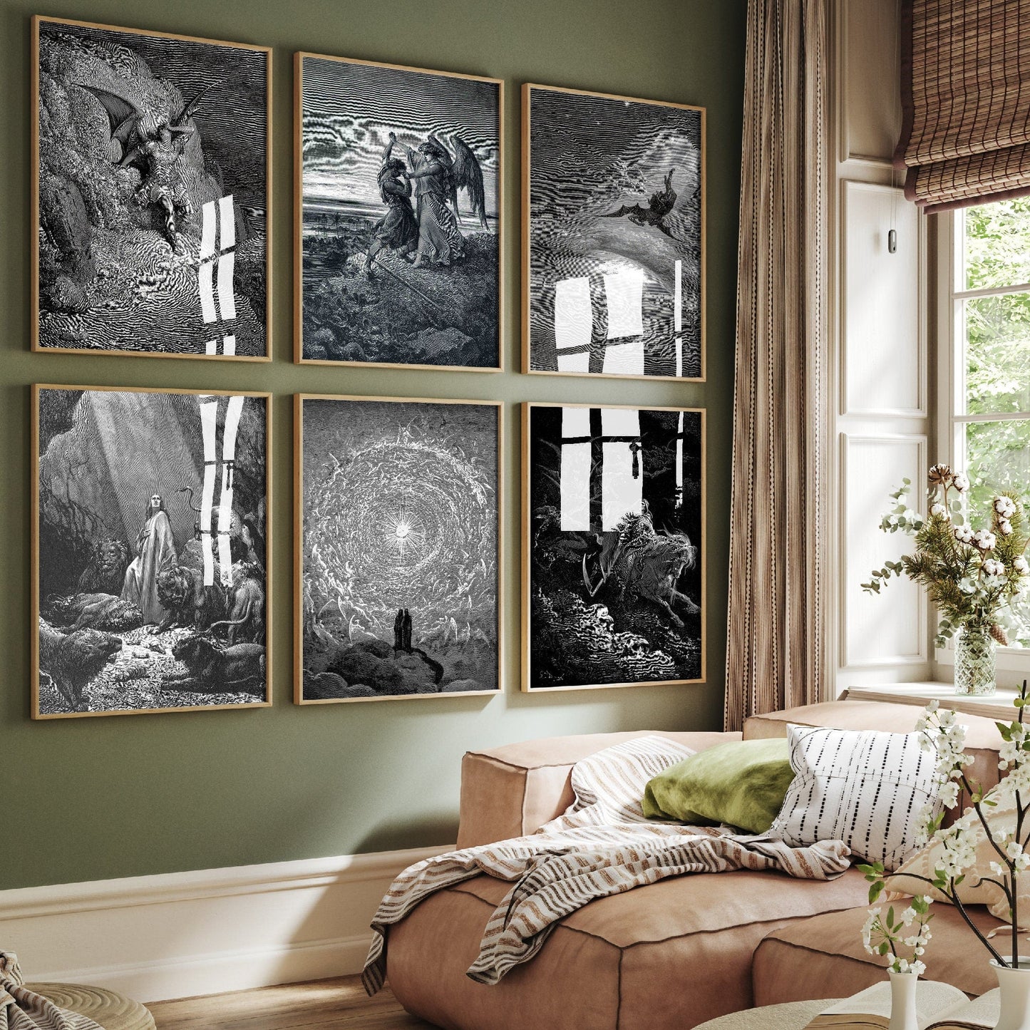 Set of Six Gustave Dore Prints - 6 Satanic Woodcut Engravings - Photo Poster Wall Art Gift Giclée Museum Quality - Fall of Satan Painting
