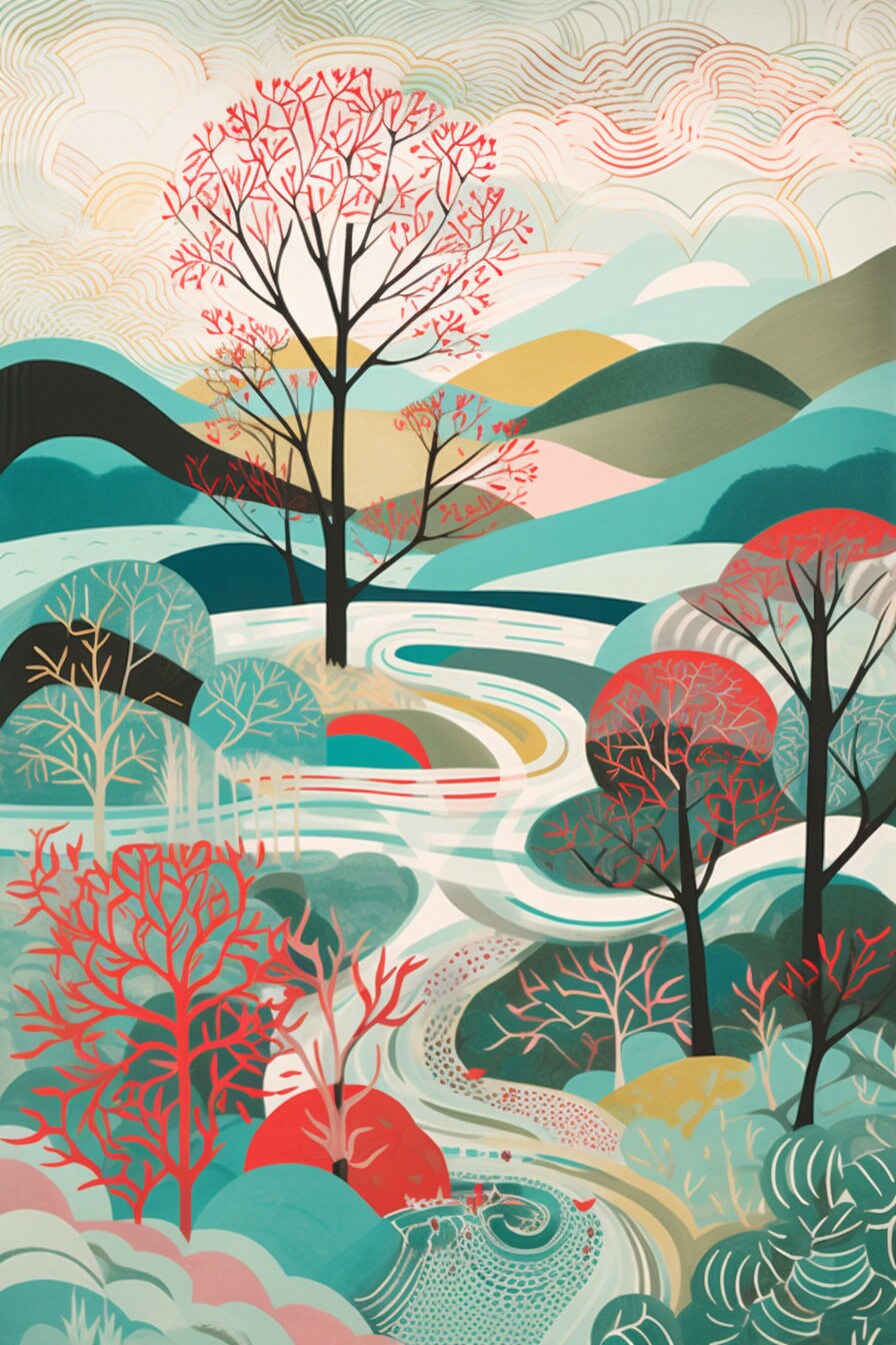 Set of Six Landscape Illustrations with Trees, Hills and Lakes - 6 Art Prints - Poster Gift Painting Artwork Home Wall Decor - Nature