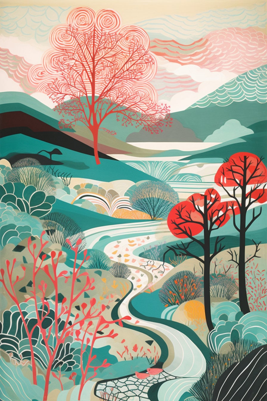Set of Six Landscape Illustrations with Trees, Hills and Lakes - 6 Art Prints - Poster Gift Painting Artwork Home Wall Decor - Nature